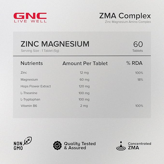 GNC Zinc Magnesium Complex (ZMA) with Vitamin B6, L-Theanine, L-Tryptophan & Hops Flower Extract | 60 Veg Tablets