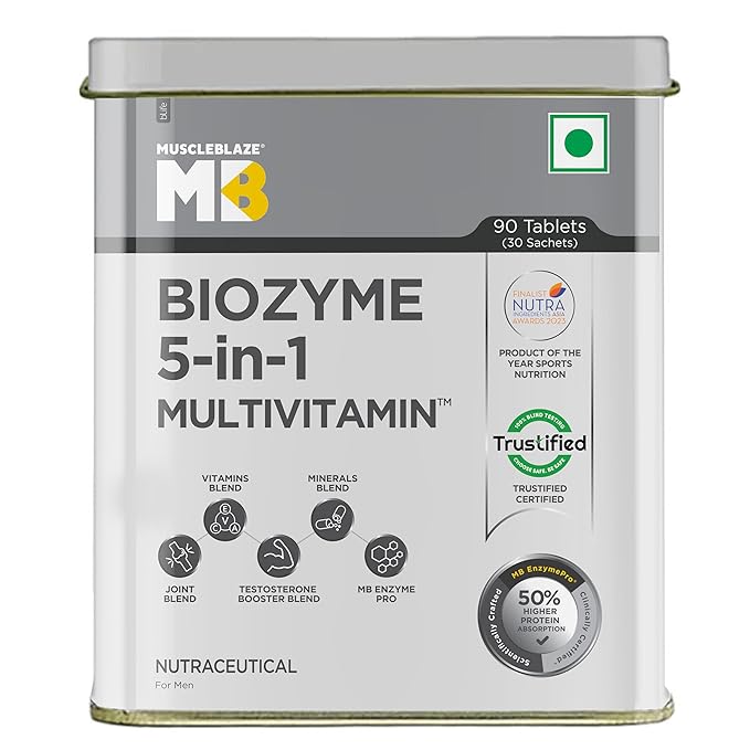 MuscleBlaze Biozyme Daily Multivitamin (90 Tablets) | 5-in-1 Supplement with Vitamins, Minerals, Joint, T-Booster Blend
