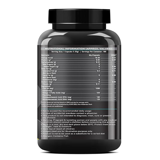 MuscleBlaze Omega 3 Fish Oil (180 Capsules)|1000 Mg Omega 3 With 180 Mg Epa & 120 Mg Dha,1 Count