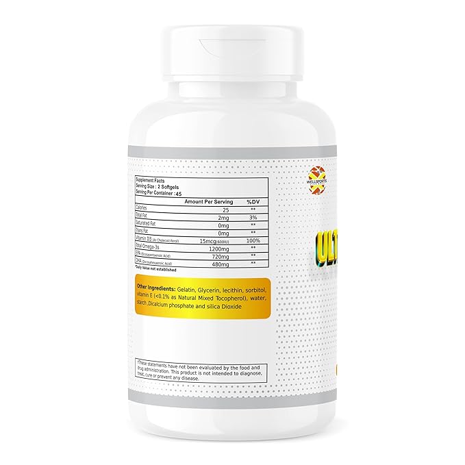 Wellsports | Ultra Omega 3 – 4X | Fish Oil (EPA-720/DHA-480) With Vitamin D3 – 90 Softgels (720mg)