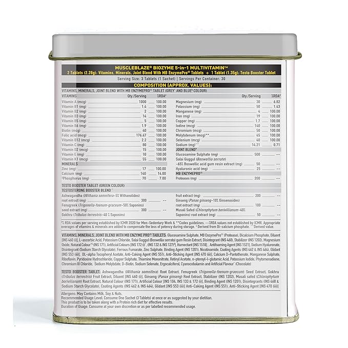 MuscleBlaze Biozyme Daily Multivitamin (90 Tablets) | 5-in-1 Supplement with Vitamins, Minerals, Joint, T-Booster Blend