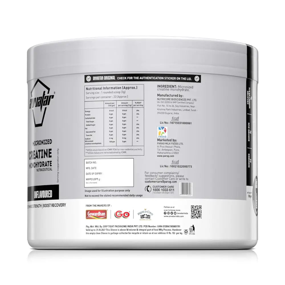 Avvatar Micronized Creatine Monohydrate Powder
